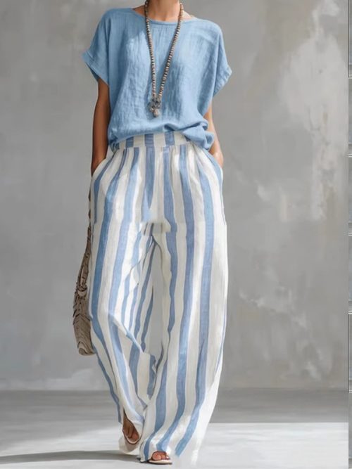 Short-sleeved Trousers Suit Summer Fashion Round Neck Pullover T-Shirt And Striped Print Straight Leg Pants Two-Piece Clothing For Women